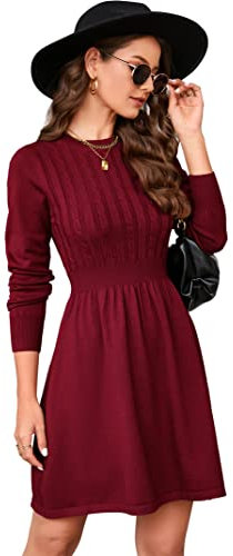 KOJOOIN Damen Strickkleid Pulloverkleid Zopfmuster Langarm Tunika Kleid Strickpullover Minikleid Rundhals Pullikleid Elegant A Linien Freizeitkleid (Verpackung MEHRWEG), A-Weinrot, XXL