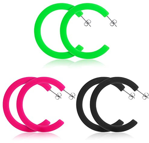 3 Paar Neon Ohrringe Anhänger Vintage Creolen Schwarz Bunt 80er Party Kostüm Zubehör Übertriebene 90er Jahre Outfit Damen Accessoires Earrings Aesthetic