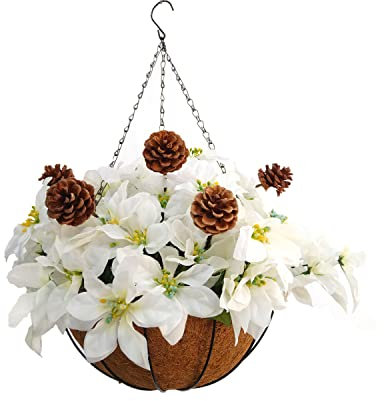 Niedliche Kette Hängekorb Weiß Künstliche Weihnachtsstern Weihnachtsblume und Tannennüsse Urlaub Party Weihnachtstag Dekoration Seidenblume (Weißbraun - Kleiner Korb)