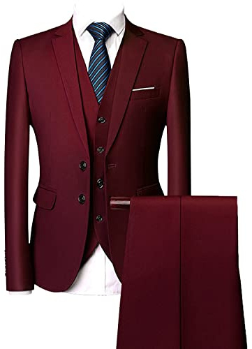 Ensemble de Costume 3 Pièces Coupe Régulière pour Hommes Pantalon Gilet Blazer d'affaires Solide à Deux Boutons Costumes de Mariage Décontractés Slim Fit pour Garçons d'honneur (Rouge Foncé,XL)