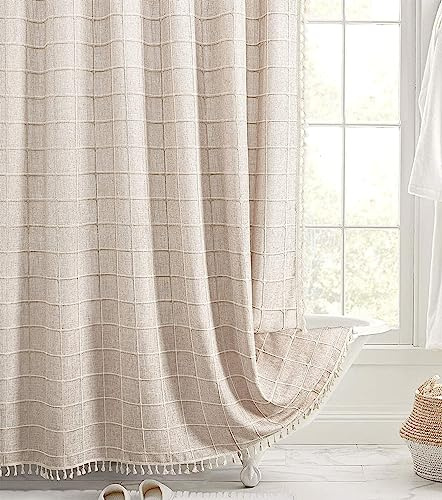 Awellife Boho, tenda da doccia lunga, beige, in tessuto di lino di cotone, di lusso, francese, per il bagno, set di tende da doccia, stile bohémien, 72 x 84 cm