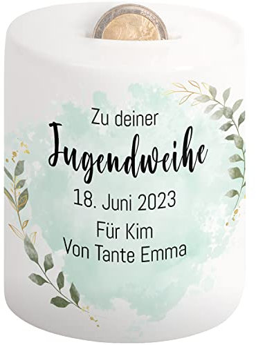 Spardose „Zu deiner Jugendweihe“ personalisiert mit Datum & Wunschtext - Sparbüchse für Mädchen & Jungen - Jugendweihe Geschenke - Spardose mit Namen personalisiert