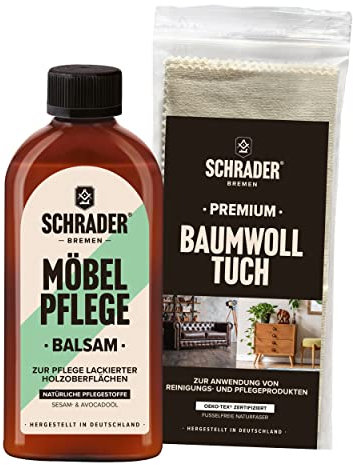 SCHRADER Möbel Pflege Balsam Set - Pflegemittel für lackierte Holzoberflächen mit Poliertuch - 2-teilig - Made in Germany