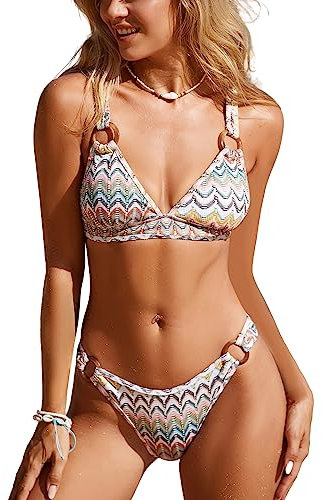 CUPSHE Damen-Badeanzug, Bikini-Set, strukturierter O-Ring, frecher Badeanzug mit festen breiten Trägern, Weiß/Regenbogenfarben, L