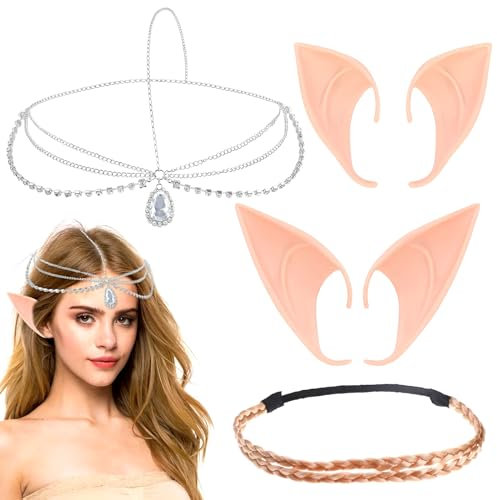 Elfenohren Set, 2 Paar Halloween Elfen Ohren, Pixie Ears Soft Pointed Fairy Ears Haarband und Kristall Prinzessin Krone Stirnband, Elfen Ohren für Cosplay Karneval Party Fasching Kostüm Zubehör