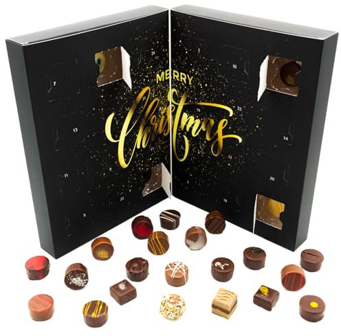 Hallingers Golden Christmas - Adventskalender Pralinen Geschenk handmade teils mit Alkohol aus Edelkakao Schokolade (Box) - Geschenk im Sommer & als perfektes Grillgeschenk | Glückwunsch Chanukka Freu