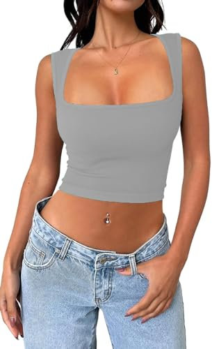 Cuptacc Tank Top Damen Y2K Bauchfreies Oberteil Square Neck Sexy Top Sleeveless Gym Basic Cropped Top Grau Mittel M 38-40