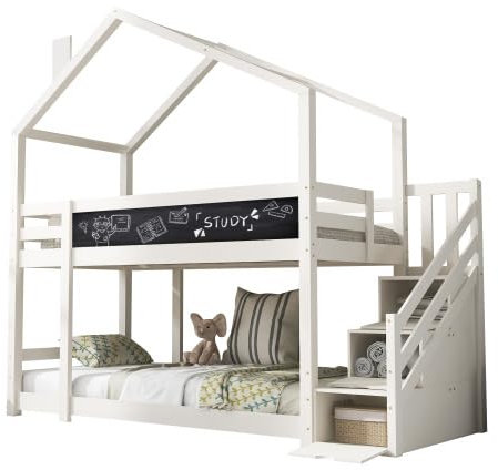 UISEBRT Kinderbett Baumhaus mit Rausfallschutz, Speicherung und Schornstein, Etagenbett Hochbett 90 x 200 cm, Hausbett für 2 Kinder - Weiß