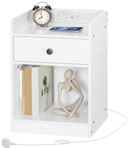 HOOBRO Bedside Table with Charging Station, Sofa Side Table with USB, Bed Side End Table with Socket and 2 USB Ports, Nightstand with Drawer, for Bedroom, Living Room, White EWT18KBZ01