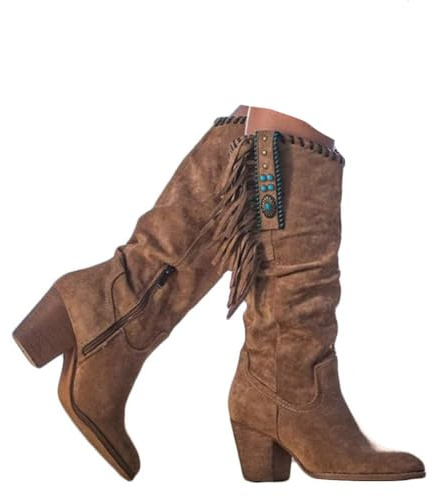 ticticlily Bottes Femme Automne Hiver à Franges Epaisses Classique Casual Bottes Rétro à Talons Hauts Bottes Hautes Bottes Fashion