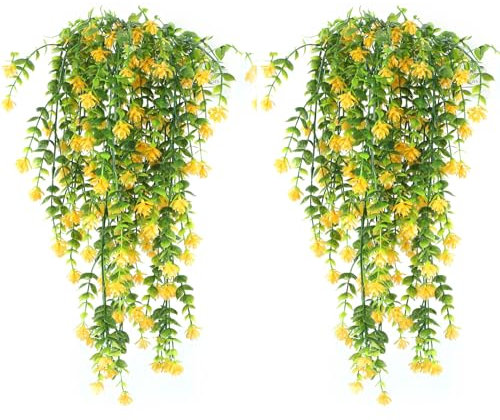 Leixi 4Pcs Artificial Hanging Flowers, UV-Resistant Fake Hanging Plants Flower Bouquet for Wall Home Room Garden Yard Patio Wedding Indoor Outdoor Decoration (Yellow)