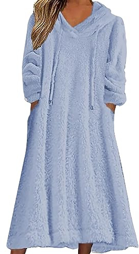 Robe Droite Chic Femmes Tenue décontractée Solide en Peluche à Capuche Robe Ample Poche Pull Sweat Robe Chandails Robe Housse Hiver