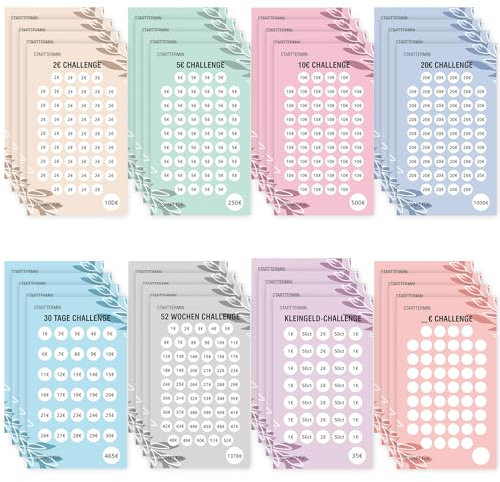 WenmthG - A6 Sparchallenge Budgetplaner (32er Set) - 8 Sparchallenges - Budget Planner Deutsch Zubehör - Spar Challenge Set mit 2€ | 5€ | 10€ | 20€ | 30 TAGE | 52 WOCHEN | Kleingeld | DIY Challenge