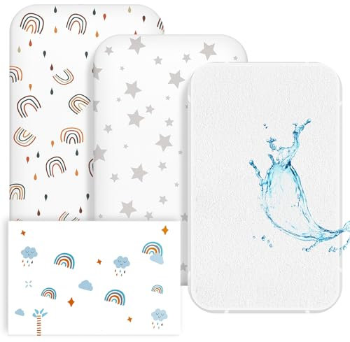 NesriToy Baby Spannbettlaken 81x 41cm, 2 X Bettlaken Kinderbett Oeko-Tex Standard 100, 1 X Matratzenschoner aus 100% wasserdichtem, 3er Set Spannbetttuch für Babybett(Regenbogenpunkte + Sterne)
