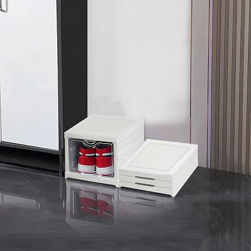 HUAPPNIO Shoe Storage Organiser，Stackable Collapsible Plastic Shoe Boxes with Clear Lid No Assembly White (1 Tier)
