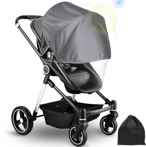 Hianjoo 2-in-1 Kinderwagen Sonnensegel und Mückennetz, Sonnenschutz für Kinderwagen Buggy mit UV Schutz 50+, Insektenschutz Mückennetz mit 3D Unterstützung und Zweiwege Reißverschluss - Dunkelgrau
