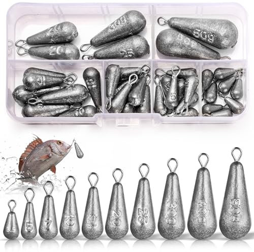 Annyswit 40 Stück Fishing Birnenblei Set 10 Größen Tropfenform Angelgewichte 3.5g 5g 7g 10g 15g 20g 25g 30g 40g 50g Angelblei Sinker Blei Gewichte Grundblei für Tiefwasser & Meeres Angeln