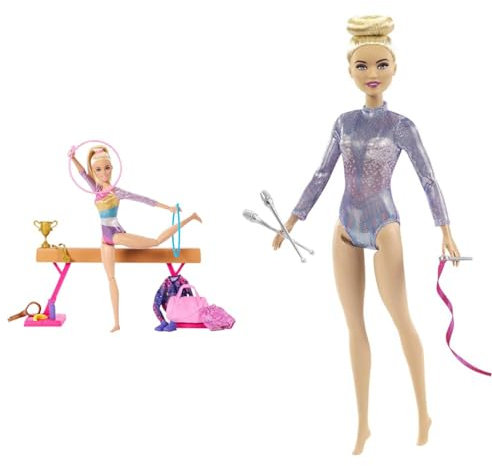 Barbie Gymnastics Doll & Accessories, Playset with Blonde Fashion Doll, C-Clip for Flipping Action & Rhythmic Gymnast Blonde Doll (12-in/30.40-cm) with Colorful Metallic Leotard, 2 Clubs & Ribbo