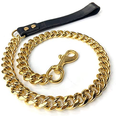 WEedsy Gold Ketten Leine für große Hunde Metall kau Beweis 19 mm Voll geschweißte Edelstahl-Haustier Leine Kette mit gepolstertem Leder Griff