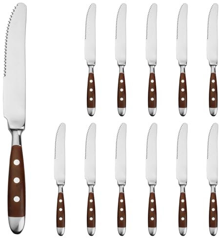 Alata Steakmesser Set 12 Stück,Küchen Steakbesteck Messer set,Scharfe Pizzamesser, Braunen Griffen,Edelstahl poliert,Wellenschliff,für Haushalte das Esszimmer, Serie Berlin