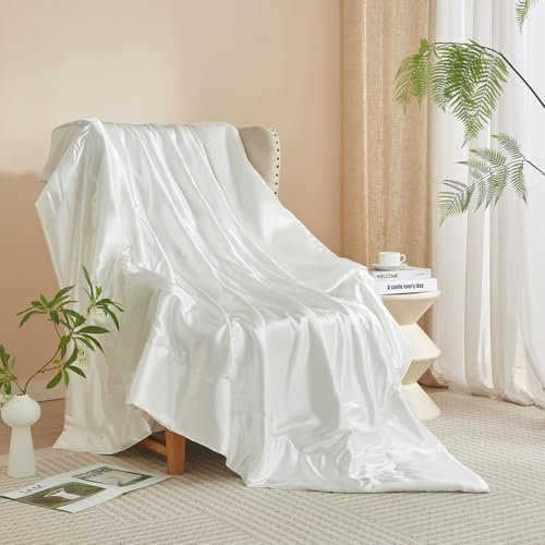Luofanfei Kuscheldecke Wohndecke 150x200 Weiß Satin Glänzend Decke kühlend Satindecke Bettüberwurf Glanzsatin Couchdecke Tagesdecke Sofadecke Blanket Für Sofa Überwurf Bett Schlafzimmer Büro