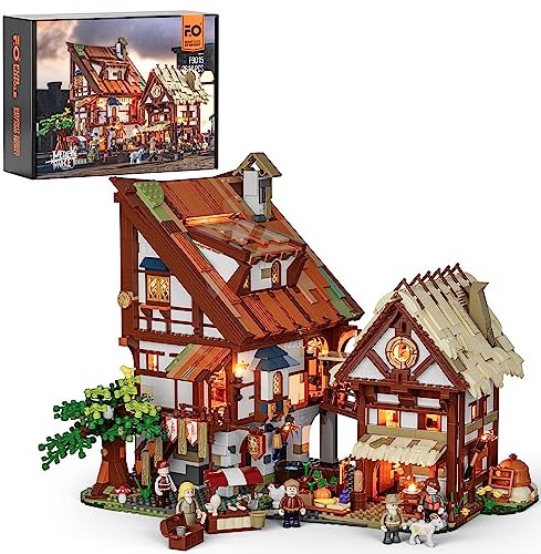 FUNWHOLE Mittelalterlicher Marktplatz Baustein-Set mit LED – 2614 Steine Mittelalterliches Stadtplatz Modell für Erwachsene & Jugendliche, mit Rüstkammer, Bäckerei, Rathaus & Licht-Effekten