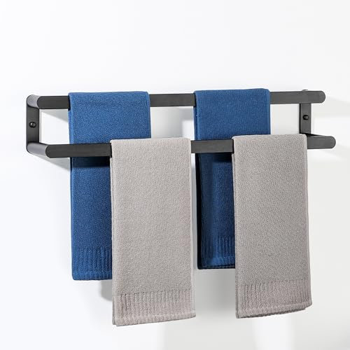 SAYAYO Double Towel Rail Wall Mounted Black Hand Towel Holder, 2-Tier Large Bath Towel Rack Heavy Duty for Bathroom Kitchen, 64CM/25Inch Length