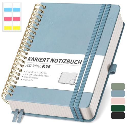 RETTACY Notizbuch A4 kariert, Bullet Journal mit 100 g/m² Dickem Papier, 150 Blatt, Collegeblock für Büro und Schule, Lederhülle, Grau-Blau, 21 cm x 29.7 cm