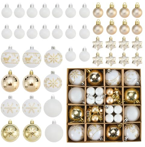 Weiß und Gold Weihnachtskugeln Kunststoff Set, 44 Stück Weihnachtsbaumschmuck Christbaumkugeln Deko Weihnachten Weihnachtsbaumkugeln Plastik Weihnachtsschmuck