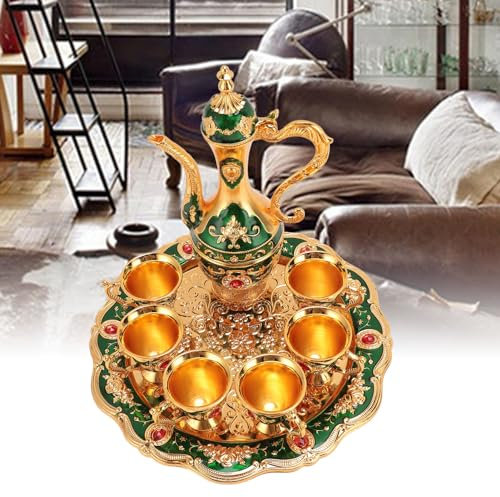 lvifloae Tea Sets Vintage Coffee Pot Set,Vintage Coffee Pot Set European Wine Pot Kit with 6 Cups Teapot Tea Service Set for Wedding Birthday Gold Blue (Gold Green)
