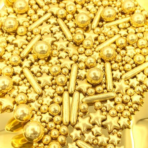 Lozadia 100g Edible Gold Sprinkles Metalic Pearl Star Sprinkles Of Pearl Sugar Cake Sprinkles, Edible Cake Decorations, Sugar Balls for Cupcake Cakes Star Sprinkle On Birthday Wedding Party (Gold XZB)