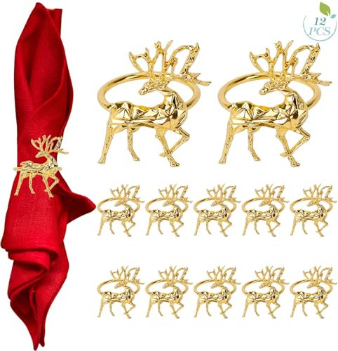 12 Stück Weihnachten Rentier Serviettenringe, 3.5CM Hirsch Serviettenhalter Rentier Serviettenschnalle für Weihnachten Thanksgiving Party Urlaub Hochzeit Tischdekoration(Gold)