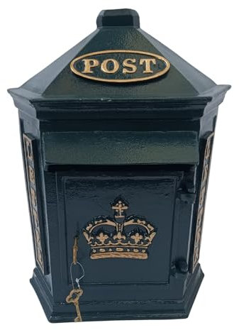 Boîte aux lettres murale en fonte verte avec couronne/lettres dorées