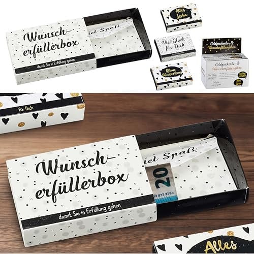 Geschenkboxen 24er Set Display | weiß schwarz gold 10x7x2cm Karton | Schachtel Briefumschlag