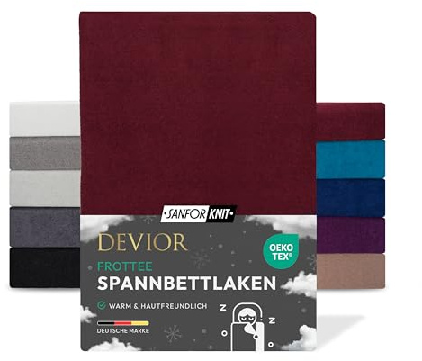Devior Frottee Winter Spannbettlaken, Bordeaux, 180x200 – 200x220 cm – Kuscheliges Bettlaken 160 g/m² aus Baumwolle für Boxspringbett-Matratzen bis 32 cm Höhe – Oeko-TEX Made in Green Zertifiziert