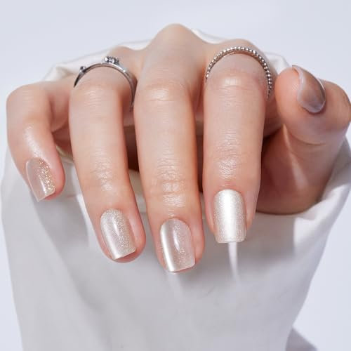Short Square Press On Nails - Findigit Opaque Sparkle Cat Eye Nail Ons, Fit Natural Reusable Stick On Fake Nails with Glue Salon Quality 16 Sizes - 32 Nail Kit,Starry Cat Eye