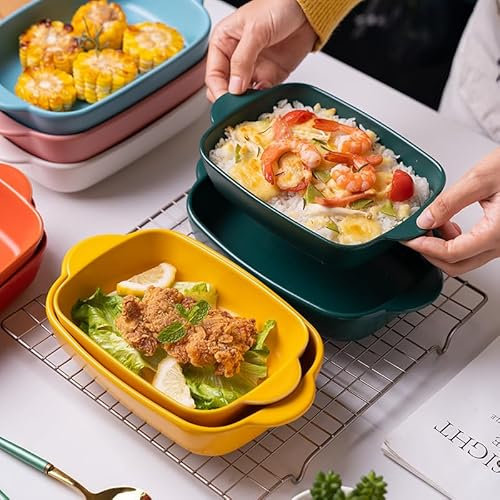 Individual Lasagne Dish, Set of 2 Pie Dish for Oven, Single Serving, Roasting Heating, Easy Grip Baking Pan, Non Stick Ceramic Bakeware Dishes for Tapas, Quiche, Cottage Pie, Red and Yellow