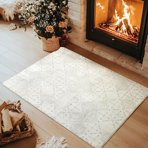 Leesentec Tappeto Salotto 80x120 Tappeti Camera da Letto Soggiorno Moderno Pelo Corto Crema Grigio Lass Stuoia Moquette Geometrico Antiscivolo Room Accessori