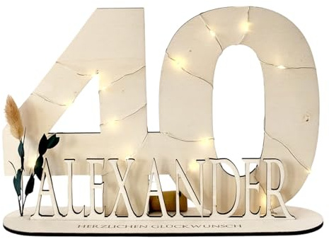 Manufaktur Liebevoll 40. Geburtstag Geschenk Frauen & Männer Geldgeschenke Geburtstag 40 mit LED Lichterkette I Gästebuch Holz 40 Geburtstag Deko I Personalisiertes Geburtstagsgeschenk mit Namen (40)