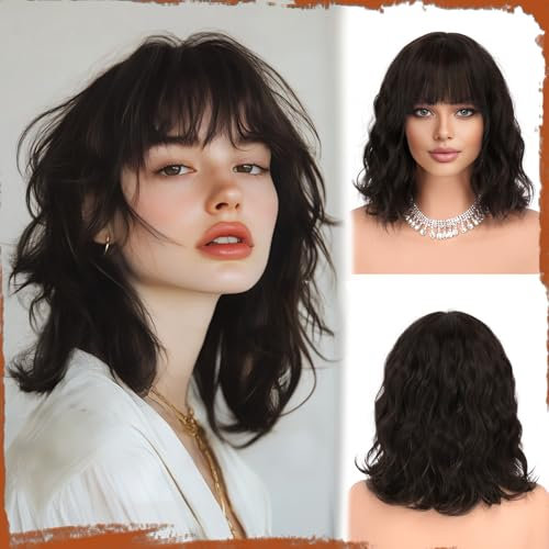 Sofeiyan Kurze Gewellte Bob Perücke mit Pony Damen 30 cm Dunkelbraun Synthetische Perücke für Frauen Natürliche Lockige Perücke für Cosplay Alltag Party Halloween