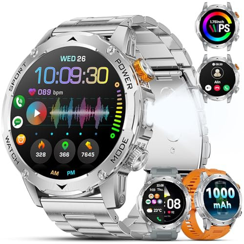 ESFOE Smartwatch Uomo con 1000mAh,1.75 Orologio Smartwatch con Torcia LED,Rugged Smart Watch Militare Uomo con Chiamate Bluetooth,120 Sportive Fitness Tracker con 5ATM Impermeabile,Plata,3 Cinturini