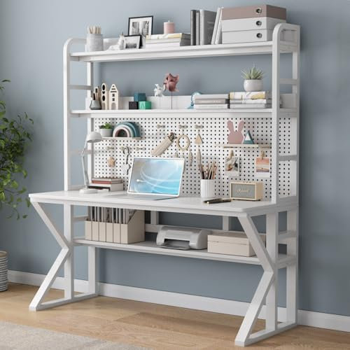 Comput Schreibtisch mit Ablagen und Stecktafel, Massivholz, großer Arbeitsstation, Schreibtisch, Modn, Heimbüro, Schreibtisch (88,9 x 175,3 x 60,9 cm (B x H x T), Weiß