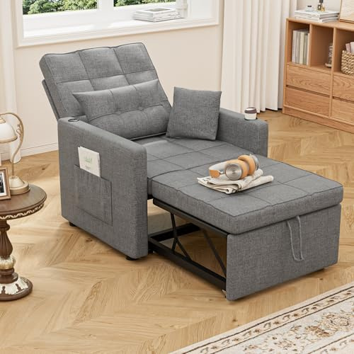 FiveWillowise Schlafsessel mit Bettfunktion, 3-in-1 Schlaferstuhl, Schlafsofa mit 5-stufig Verstellbarer Rückenlehne, Schlafcouch mit Kissen und Seitentasche, Sesselbett für Whonzimmer, Dunkelgrau