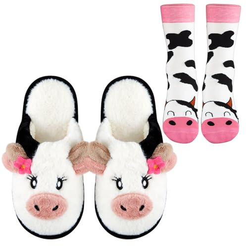 Sintege 2 Stück Kuh Geschenk Set Weihnachten Damen Winter Hausschuhe Tiere Warme Süße Flauschige Tier Kuhsocken Kuh Slippers Haushalt Lustige Kuhpantoffeln(S)