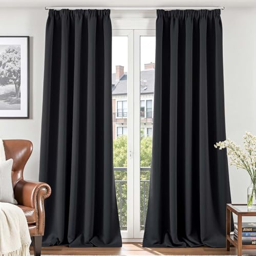 Vangao Kräuselband Gardinen für Schienensystem H245xB140 cm 2er Set Schwarz | Gardinen Blickdicht Kurz Wohnzimmer Küche Schlafzimmer Kinderzimmer Fenster, Thermo Black Blackout Curtains Modern 245 lang