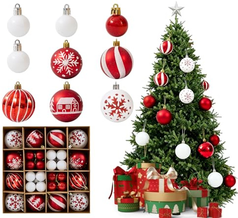 Weihnachtskugeln Kunststoff Christbaumschmuck, 44 Stücke Baumschmuck Weihnachten,Weihnachtsbaumschmuck Weihnachtsbaum Kugeln mit Schlüsselband(Rot Weiß)