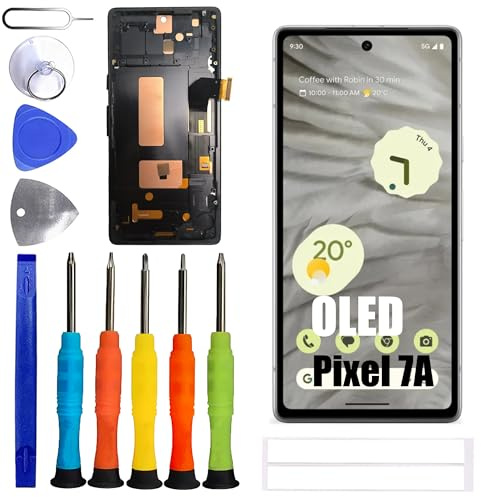 ERYNK-N OLED Display Für Google Pixel 7A GWKK3, GHL1X, G0DZQ, G82U8 [mit Rahmen] [mit Fingerabdrücken] [6.1 Zoll] LCD Display Touch Screen Digitizer with Werkzeugsatz