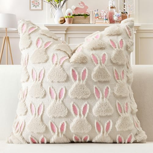 Artscope 1er Set Wolle Kissenbezug Weicher Plüsch Kurzer Wollsamt Dekokissenbezuge Sofakissen Ostern Kissenhülle für Sofa Schlafzimmer Rosa Ohren Kaninchen Creme Beige, 50x50cm