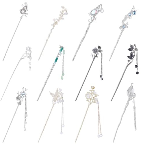 PH PandaHall 12 Stil 12 Stück Blumen Schmetterlings Haarstäbe Chinesisches Hanfu Asiatische Vintage Haarstäbchen MetallHaarnadeln Silber Retro LangeHaarnadel Für Damen Dutt Hochsteckfrisur LangesHaar