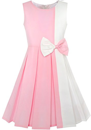 Sunny Fashion Vestito Bambina Colore Block Contrasto Cravatta a Farfalla Rosa Bianca Festa 14 Anni